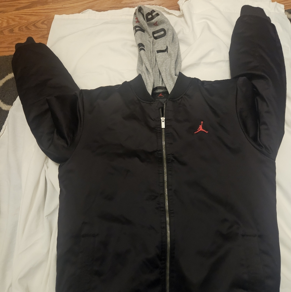 Jordan Black Bomber Jacket with Grey Hood and Red Jumpman